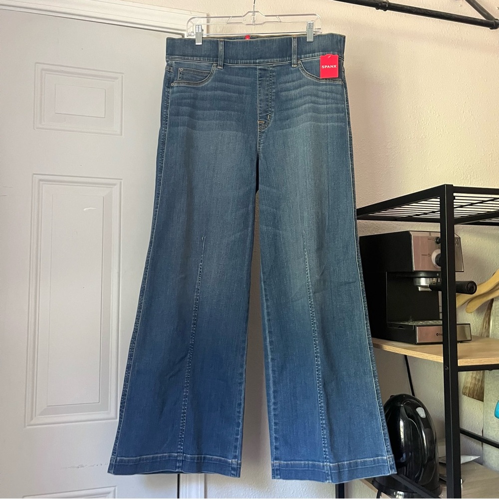 NWT SPANX blue denim cotton blend stretch wide leg jeans